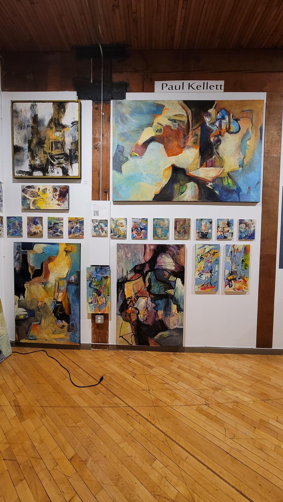 Paul Kellett's studio workspace showing the artist's creative process, materials, and large-scale painting in progress at Studiopolis Studio 210